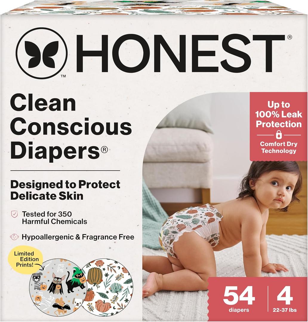 The Honest Company Comfort Dry Disposable Diapers for Sensitive Skin, Hypoallergenic, Fragrance-Free, Fall '25 Seasonal Prints, Club Box, Size 4 (22-37 lbs), 54 Count (Bum-kin Patch + Costume Paw-ty)