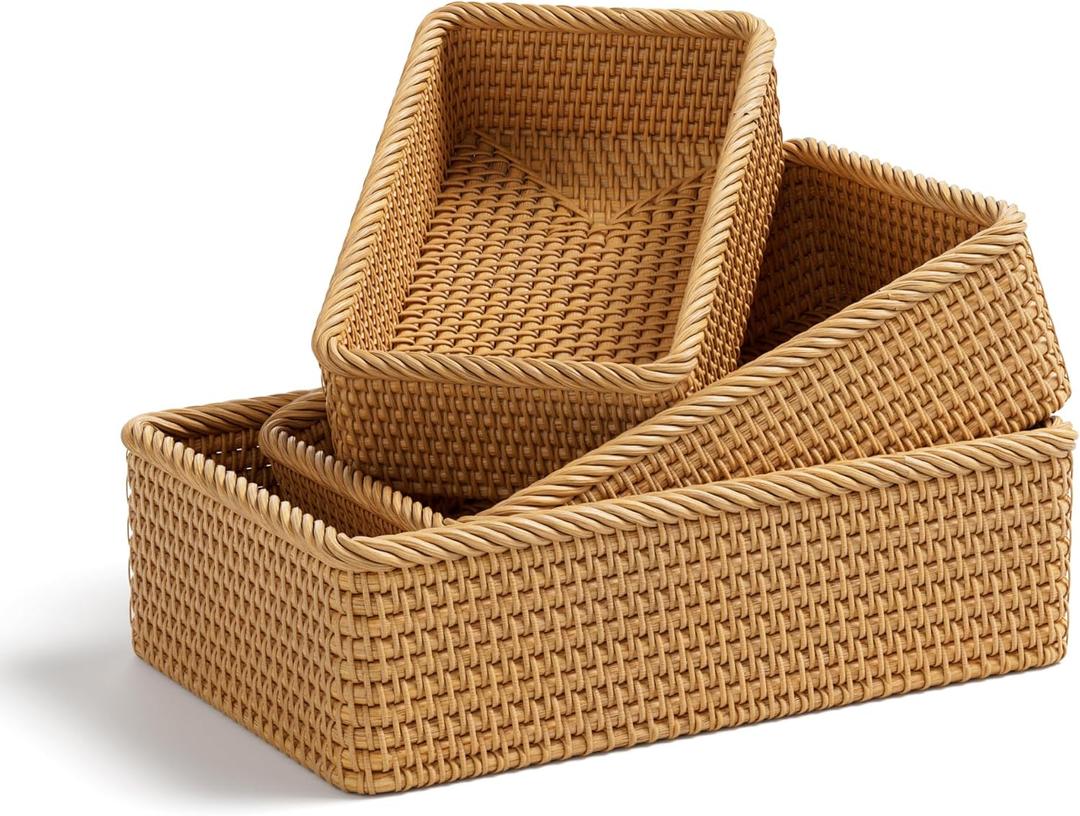Rattan Storage Basket, 3 Pack Hand Woven Rectangular Fruit Baskets for Serving, Picnic Basket, Wicker Storage for the Living Room Kitchen (Honey Brown)