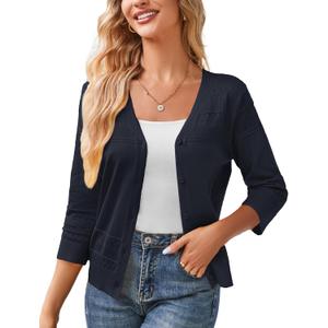 GRACE KARIN Women's 2025 Cropped Cardigan 3/4 Sleeve Lightweight Crochet Shrug Hollowed-Out Knit Sweater Tops (Dark Blue, L)