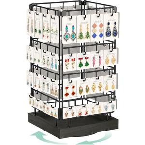 EsLuker.ly Rotating Earring Display Holder Stand for Vendors Events Selling, Large Capacity 64 Hooks Jewelry Rack with Wooden Base for Earring Card Sales, Enhances Retail Visibility, Black