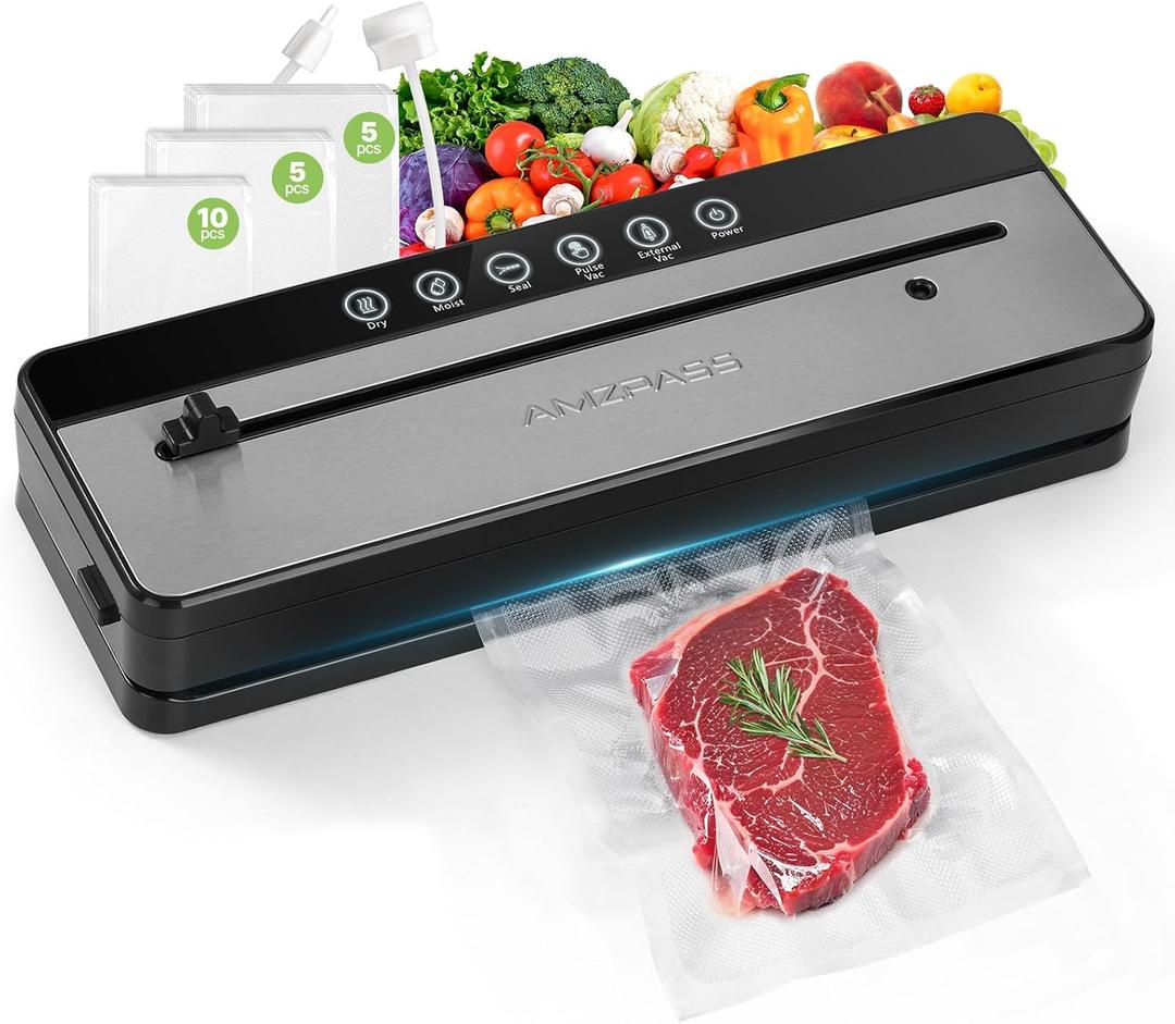 Vacuum Sealer for Food, 6-in-1 Food Vacuum Sealer Machine, Built-in Cutter Food Sealer Vacuum Sealer, Compact Vacuum Sealers with 20 Vacuum Bags, External VAC for Jars & Containers, Black