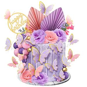Shimeyao 52 Pcs Wedding Birthday Gold Cake Decoration Boho Cake Topper Pink Purple Flower Butterfly Palm Leaves Balls Toppers for Women Baby Shower Party Decoration(Candy Color)