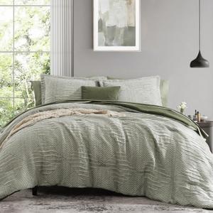 MaiRve King Comforter Set Crinkle Textured, Light Olive Green Diamond Boho Bedding Set 7 Pieces Bed in A Bag, All Season Geometric Comforter Set with Sheets, Pillowcases & Shams