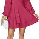 LYANER Women's Lantern Long Sleeve Wrap Tie Back Square Neck Double Layer Ruffle Hem A Line Short Mini Dress, With Shorts, Pink, No Size