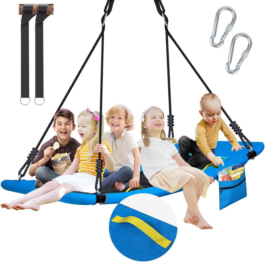 900D Oxford Anti-Sagging 60 Skycurve Platform Tree Swing with Handles & Zipper Pocket, 800lbs Giant Platform Swing for Kids Adults with Adjustable Multi-Strand Ropes, Hanging Straps (Blue)