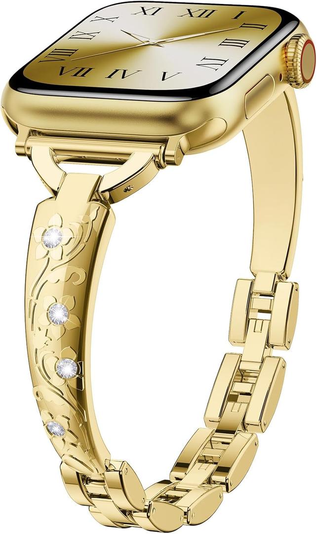 Diamond Metal Bands for Women Compatible with Apple Watch Band 38mm 40mm 41mm 42mm 44mm 45mm 46mm 49mm Simple and Stylish Adjustable Metal Band for iWatch Series1/2/3/4/5/6/7/8/9/10/SE (Gold)