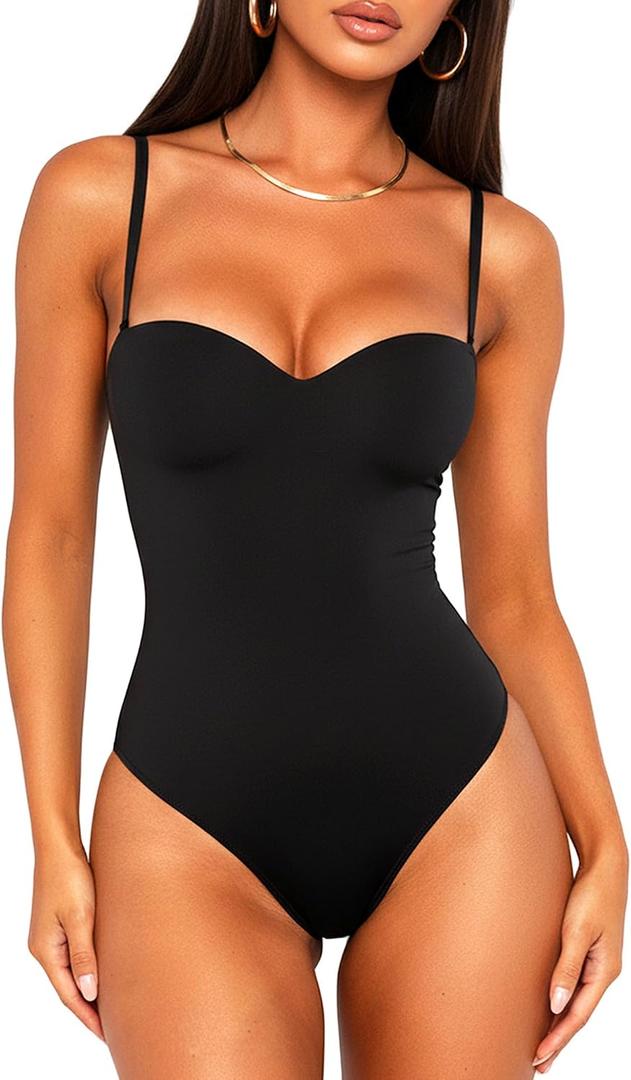 OZICERD Women Sexy Sweetheart Neck Cami Bodysuit Built in Bra Sleeveless Spaghetti Strap Tank Tops Body Suit Going out, M