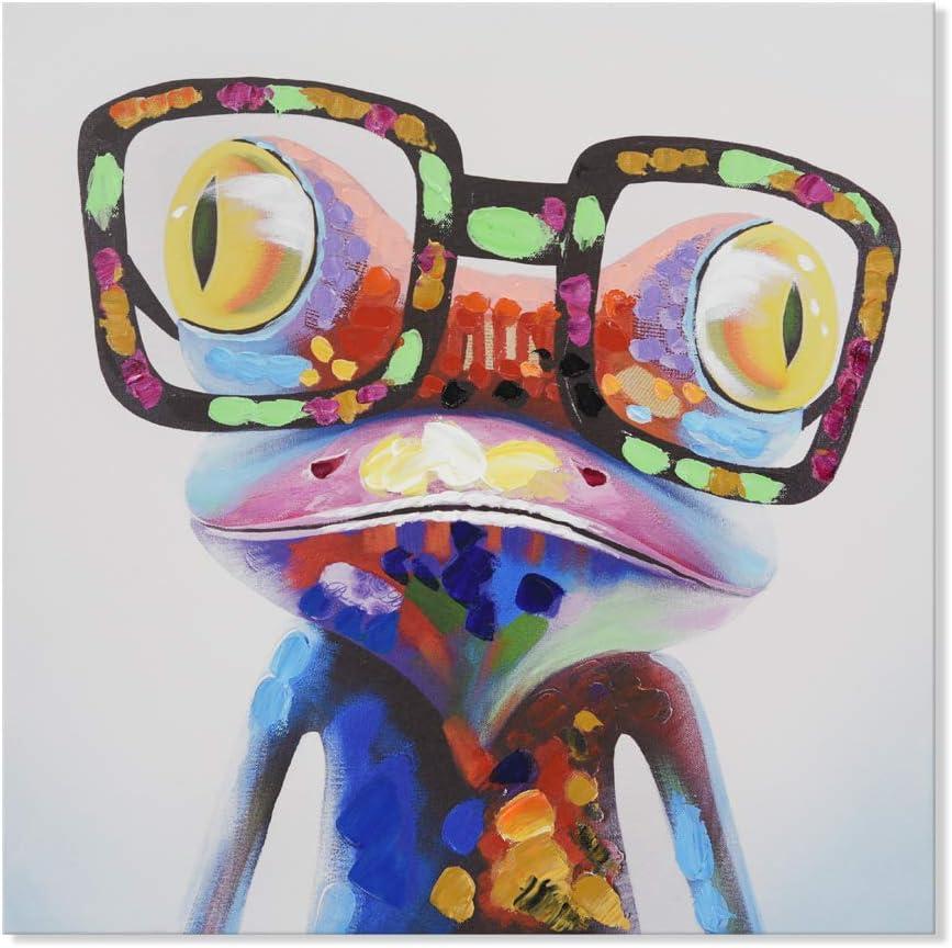 JAPO ART Happy Frog with Glasses Canvas Wall Art Funny Colorful Animal Red Eyed Tree Frog Wall Art Pictures Hand Painted Painting Framed Artwork for Kidroom Bedroom 16x16Inch (15.8L" x 6.3W")