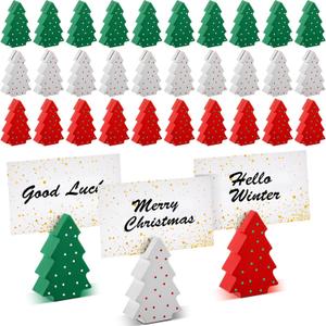Kigley 30 Pcs Mini Christmas Tree Place Card Holders Wooden Xmas Table Number Holder Wood Table Sign Picture Stand for Christmas Winter Holiday Office Wedding Decor Party Favors