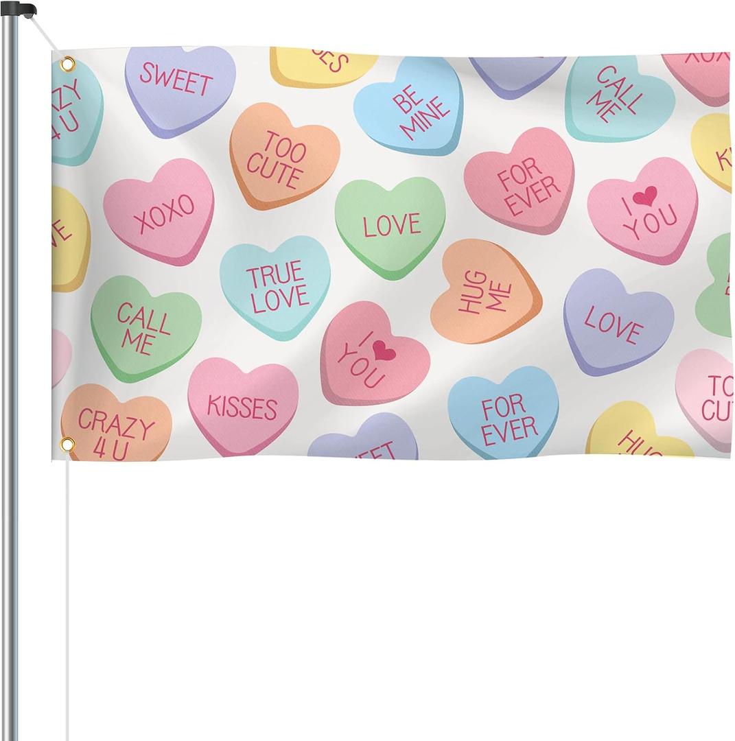Valentine's Day Garden Flags 3x5 Ft Conversation Heart Valentine Double Sided Outdoor Candy Love Flags Holiday Banner for Porch Yards Gardens and Outside Conversation Heart Decorations (Colorful)
