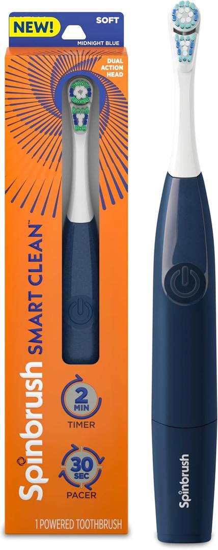 Spinbrush Smart Clean Battery Powered Electric Toothbrush for Adults with Dual Action Head, Pacer & Timer, Midnight Blue, Soft Bristles, 1 Count