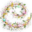 6 Ft Lighted Easter Garland Easter Decorations, Easter Egg Garland with 20 LED Lights Timer Flowers Berried Green Leaves Artificial Spring Garlands Battery Operated for Home Table Mantle Holiday Decor