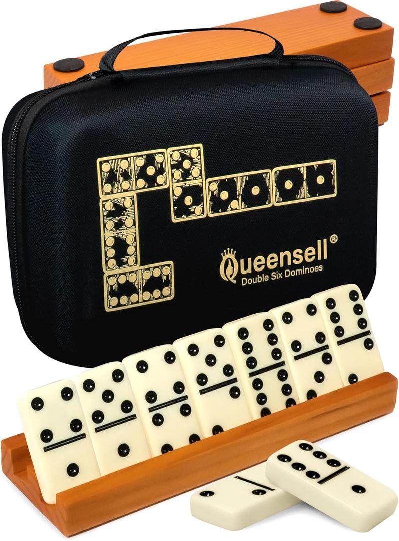 Queensell Dominos Set for Adults with 4 Domino Racks - Double 6 Dominoes Set with Domino Holder, Classic Board Games for Kids and Adults - Double Six Standard Dominos Set 28 Tiles with Travel Case