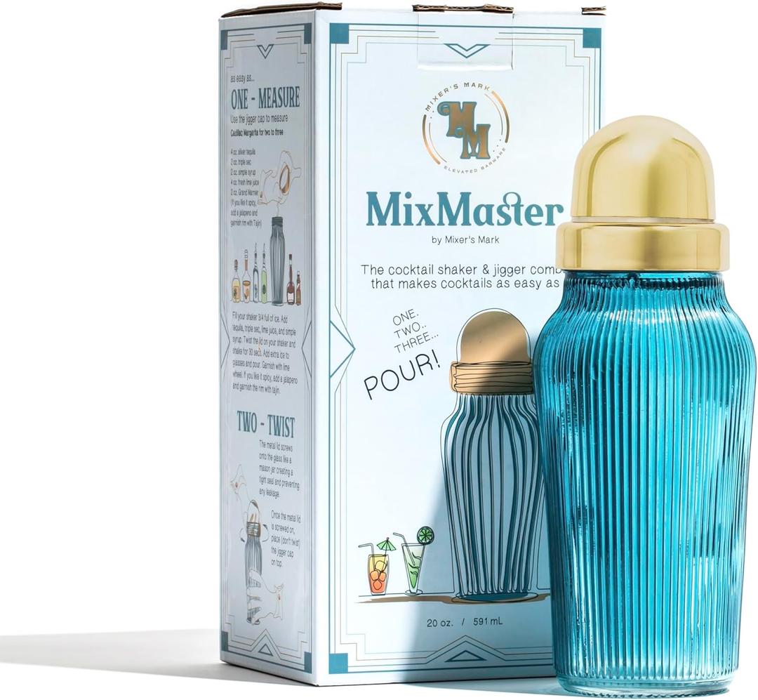 The MixMaster Cocktail Shaker with Strainer and Jigger Measuring Cap - Art Deco Leakproof Glass Drink Mixer for Crafting Cocktails - Innovative Home Bartending Supplies and Accessories - Blue