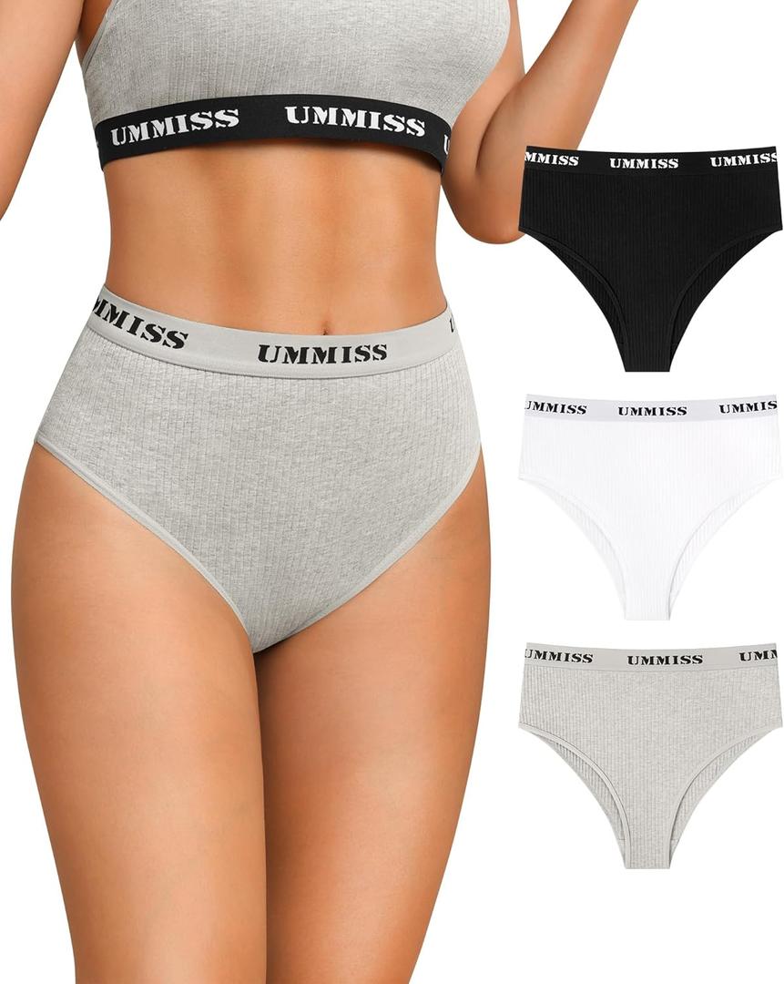 UMMISS Womens High Waisted Cotton Bikini Underwear Hipster Panties Soft Stretch Threaded Ladies Sport Panties 3 Pack (XX-Large, Multicolor 3 Pack)