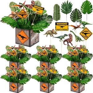 6 Set Dinosaur Park Party Table Centerpieces Include 6 Dinosaur Boxes Centerpiece 48 Sticks Table Toppers Photo Booth Props with Paper 36 Tropical Artificial Plants for Birthday Decorations