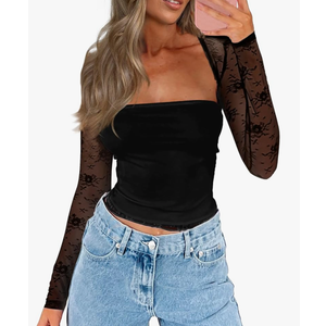 CSDAJIO Women's Going Out Tops Lace Long Sleeve Square Neck Crop Top Shirt Strapless Tube Top and Bolero Set Size S