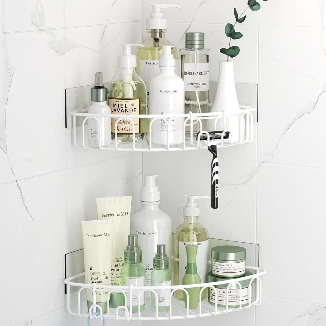 Orimade Corner Shower Caddy with 2 Hooks Wall Mounted Metal Bathroom Shelf Storage Organizer Adhesive No Drilling 2 Pack, White Only for 90-Degree Corner