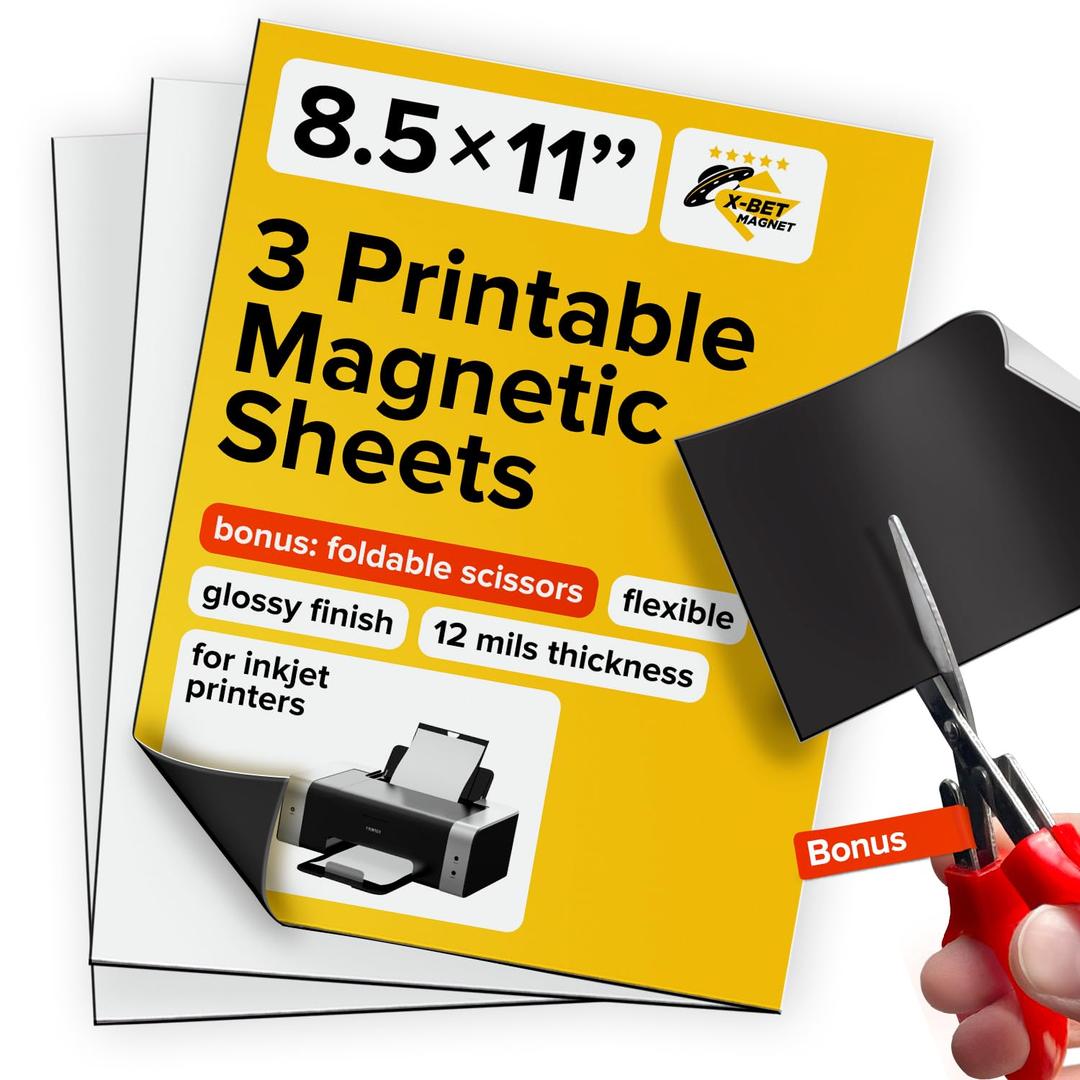 X-bet MAGNET Inkjet-Optimized Printable Magnetic Sheets - 8.5x11 Magnet Paper for DIY Stickers, Decorations, Labels - Easy to Print, Cut & Create Your Own Magnets (Glossy, 3pcs) (8.5 x 11 3 PCs)