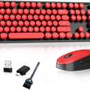 Wireless Keyboard and Mouse, COOFUN Retro Typewriter Keyboard with Round Keycaps, Full-Size Ergonomic, Ideal for Windows PC, Home, Office, and College Black and Red