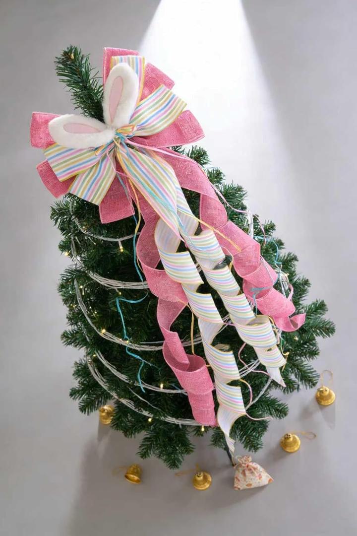 Pink Easter Bunny Burlap Bow, Large 13x53 Inch Large Easter Wreath Bow, Handmade Durable Easter Decoration for Indoor Outdoor Wall Door Tree Fireplace Fence DIY Crafts (Easter Rabbit)