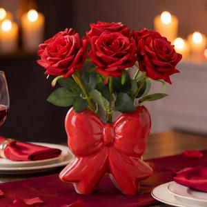 Bow Vase Coquette Ceramic Vase Pen Holder Makeup Brush Holder Contemporary Design Decorative Women Gift for Christmas Home Office Shelf Table Room(Red,Small,Classic) (Classic - 4.5 x 1.9 x 4.7 Inches)