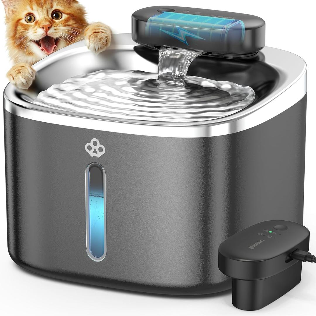 oneisall Cat Water Fountain, 3.5L/118oz Battery Operated Pet Fountain Stainless Steel, Automatic Water Fountains for Cats Indoor, Rechargeable (Hale 3.5L Black Color)