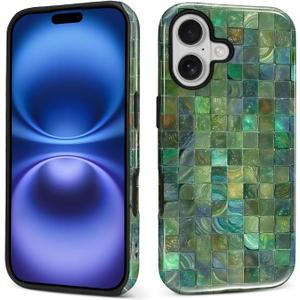 Case for iPhone 17 Case,Green Toned Glass Mosaic Patten Design Hybrid Dual Protection Silicone Hard PC Shockproof Full Body Cover Slim Anti Scratch Protective Case for Men Women