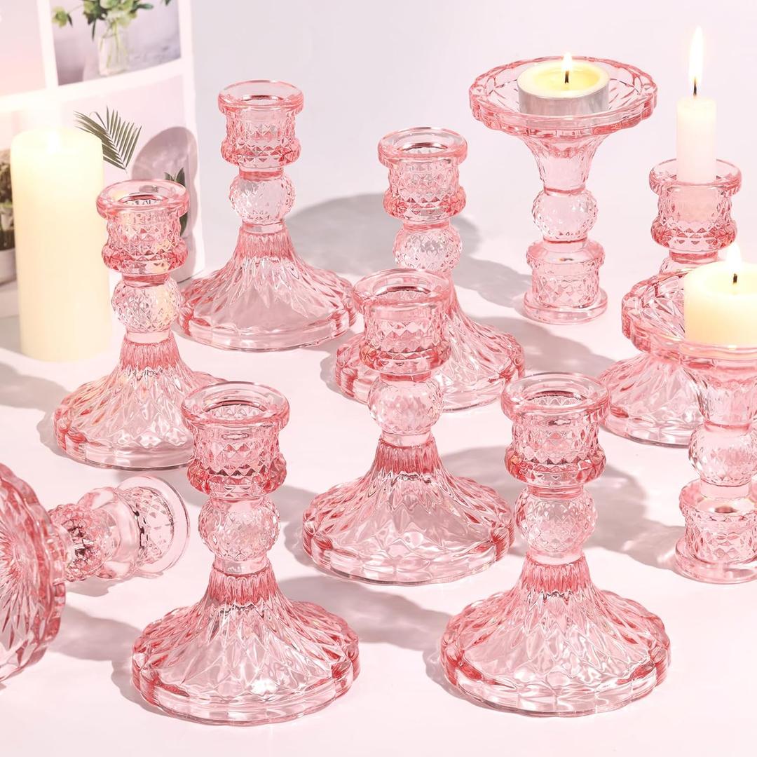 Glass Candle Holder Set of 12, Pink Taper Candle Holders Bulk, Vintage Candlestick Holders, Candle Stick Holder for Table Centerpieces, Wedding & Mother's Day