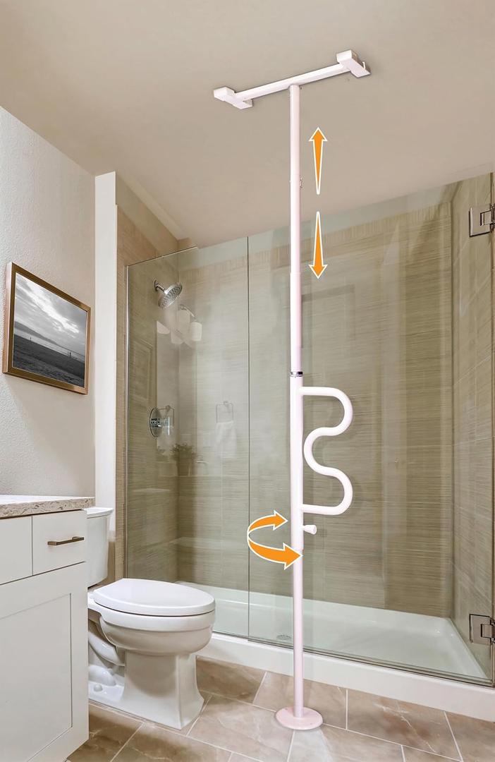 Stander Wonder Pole, Security-Pole and Curve Grab Bar, Tension Mounted Floor to Ceiling Transfer-Pole for Seniors, Elderly Adults, Bathroom Safety Assist and Stability Rail, White