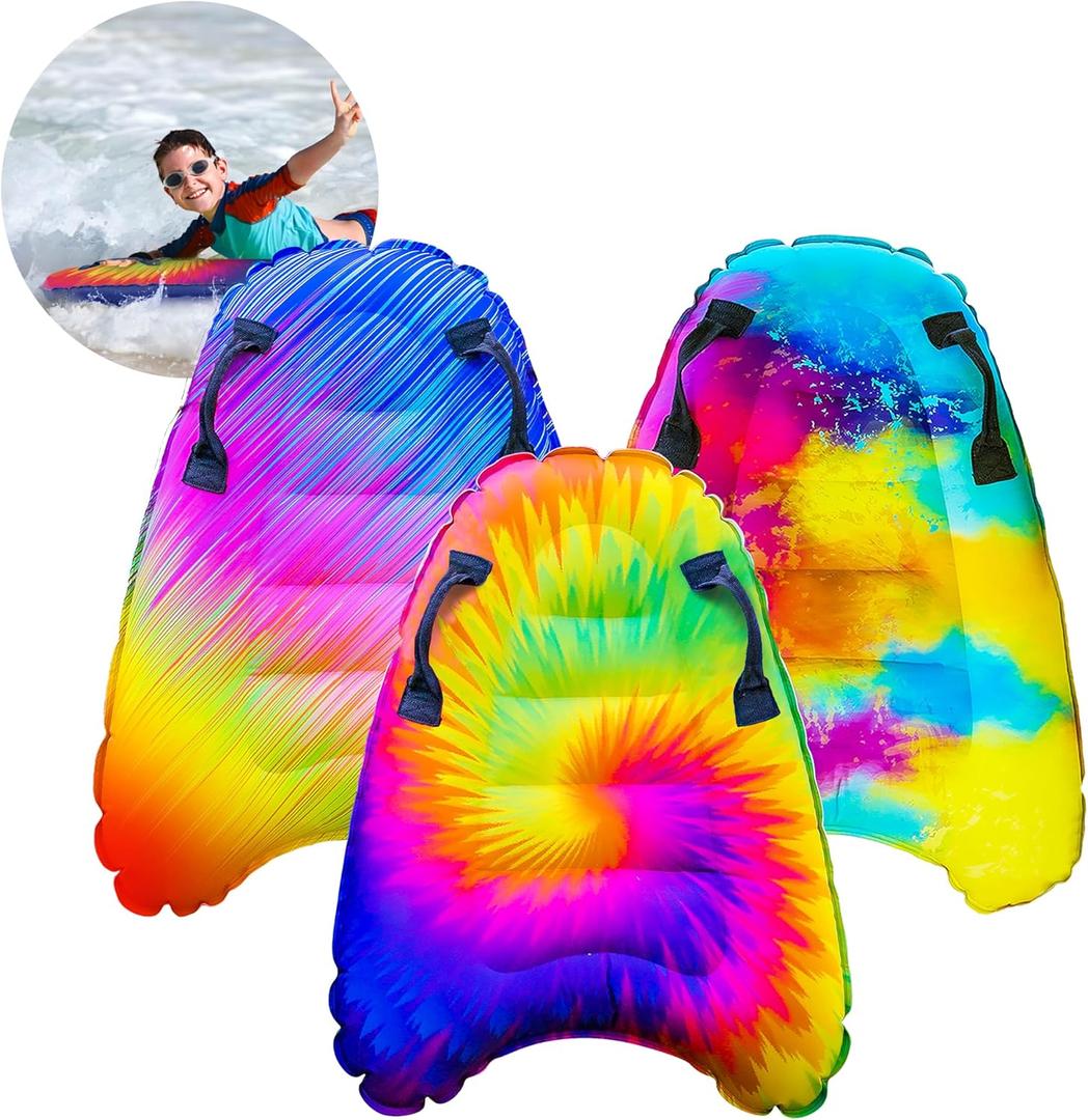 JAMBO 3 Pack Inflatable Surf Body Boards with Handles for Water Slides, Boogie Boards for Beach, Pool, Lake & Slip Slides, Lightweight Floating Water Toys for Kids & Adults (Tie-Dye AND Water Color AND Color Spiked TRIPLE PACK) JAMBO 3 Pack Inflatable Surf Body Boards with Handles for Water Slides, Boogie Boards for Beach, Pool, Lake & Slip Slides, Lightweight Floating Water Toys for Kids & Adults (Tie-Dye AND Water Color AND Color Spiked TRIPLE PACK)
