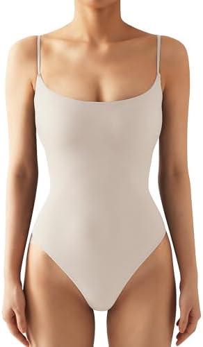 SUUKSESS Women Sexy Square Neck Thong Bodysuit Backless Cami Bodysuit Top