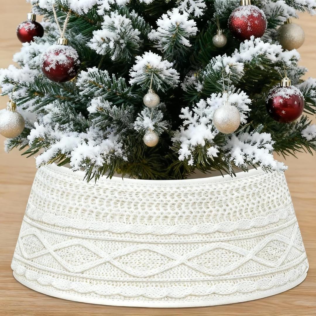 8.5-Inch Mini Knit Christmas Tree Collar - Small Xmas Tree Stand Cover for Tabletop Artificial Trees, Farmhouse Decor for Office, Stairwells & Small Spaces, Cream White