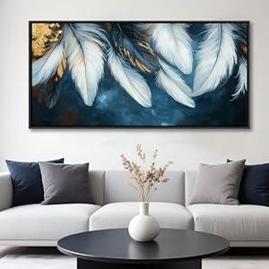 Mofutinpo Blue and Gold Wall Art Framed Navy Blue Decor for Living Room Feather Canvas Art Wall Decor, Blue Bedroom Wall Decor Above Bed Pictures, Painting - Artwork for Walls 29×58IN