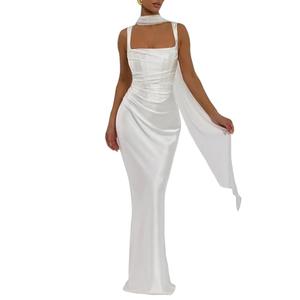 ABYOVRT Women Wedding Guest Dress Satin Corset Top Elegant Maxi Dresses with Sheer Scarf Evening Gown (White,XS