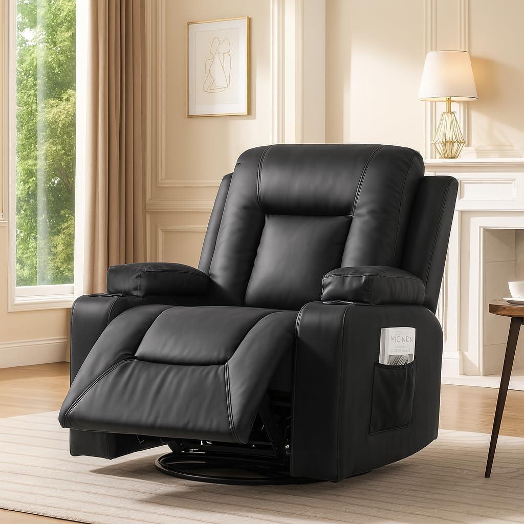 COMHOMA Recliner Chair, PU Rocking Chair for Adults, Swivel Recliner with Cup Holders, Single Sofa Seat with Side Pockets for Living Room, Bedroom(Black)