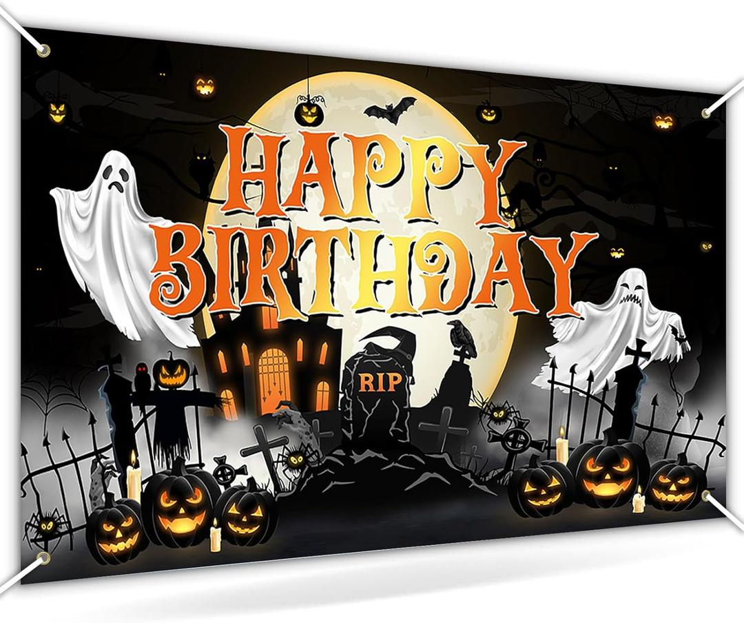 Avezano Halloween Birthday Banner Halloween Bday Backdrop Kid Grey Birthday Decorations Horror Moon Night Booday Backdrop 6 x 3.6 ft