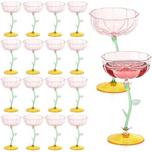 HKSZEH 24 Pcs Pink Plastic Ribbed Coupe Glasses Detachable 7oz Flower Cocktail Glasses Modern Wavy Plastic Cocktail Coupes Disposable Martini Glasses Mimosa Glassware Champagne Goblets (24, PInk)