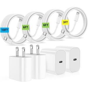 (3/6/6/10ft)iPhone Charger Fast Charging, for iPhone 14 13 12 Fast Charger,20W USB C Wall Block with Type C to Lightning Cord,i-Phone Fast Charging Cable for iPhone 13/14/12 Pro Max Plus/11,iPad-4Pcs