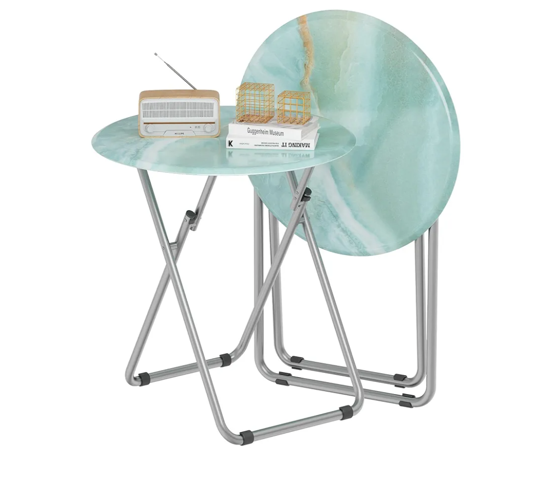 TV Tray Round Table, Small Foldable Table, Portable Dinner Table for Eating, Snack Side Trays Table Set of 2, No Assembly Required (Ocean Blue Marble, 2Pcs)