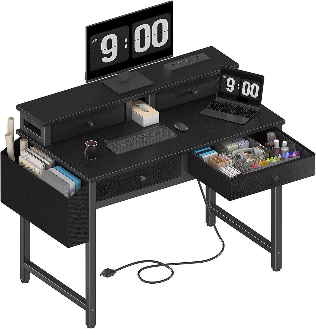 Lufeiya Small Desk with Drawers for Home Office Bedroom, 31 inch Black Writing Study Desks with Fabric Drawers Storage, Gaming Desk Table with Power Outlet & Monitor Stand, Black, 31.5"