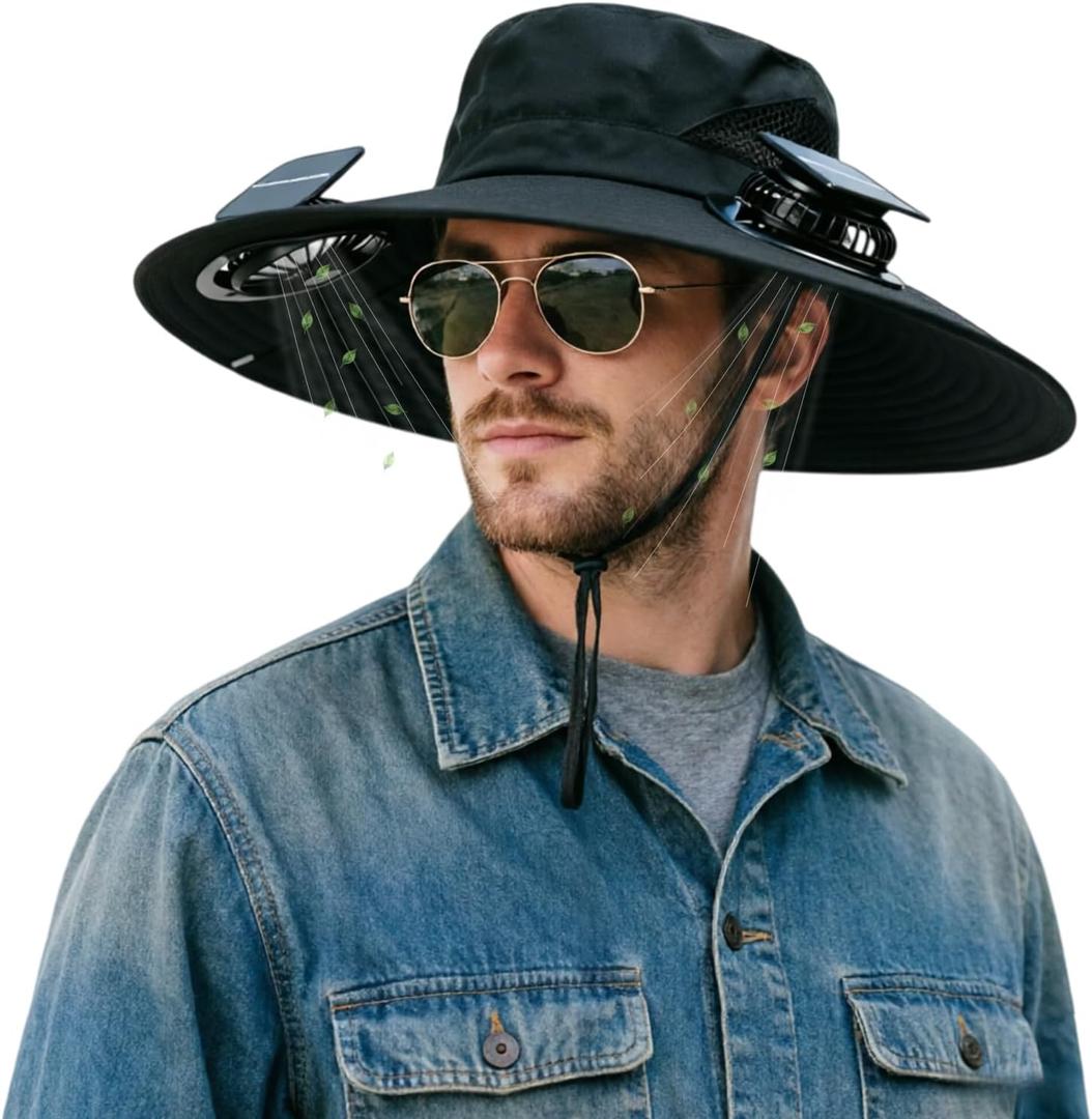 Solar Fan Hat, Wide Brim Sun Hat with 2 Solar Fans for Men Women Outdoor