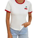 Women's Cherry Embroidery Print Shirt Contrast Color Neck Tee Short Sleeve Graphic Casual T Shirt Summer Tee Tops XL