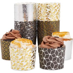 Paquete de 50 envoltorios para magdalenas, taza de papel para hornear magdalenas para fiesta de cumpleaos, color dorado y plateado