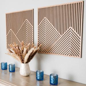 SnugLife 2 Pcs Wood Mountain Wall Art - Modern Wooden Panel Mountain Wall Decor, Decorative Forest Nature Abstract Line Minimalist Wall Art for Living Room Bedroom Farmhouse - Large 23.5x23.5 (Oak)