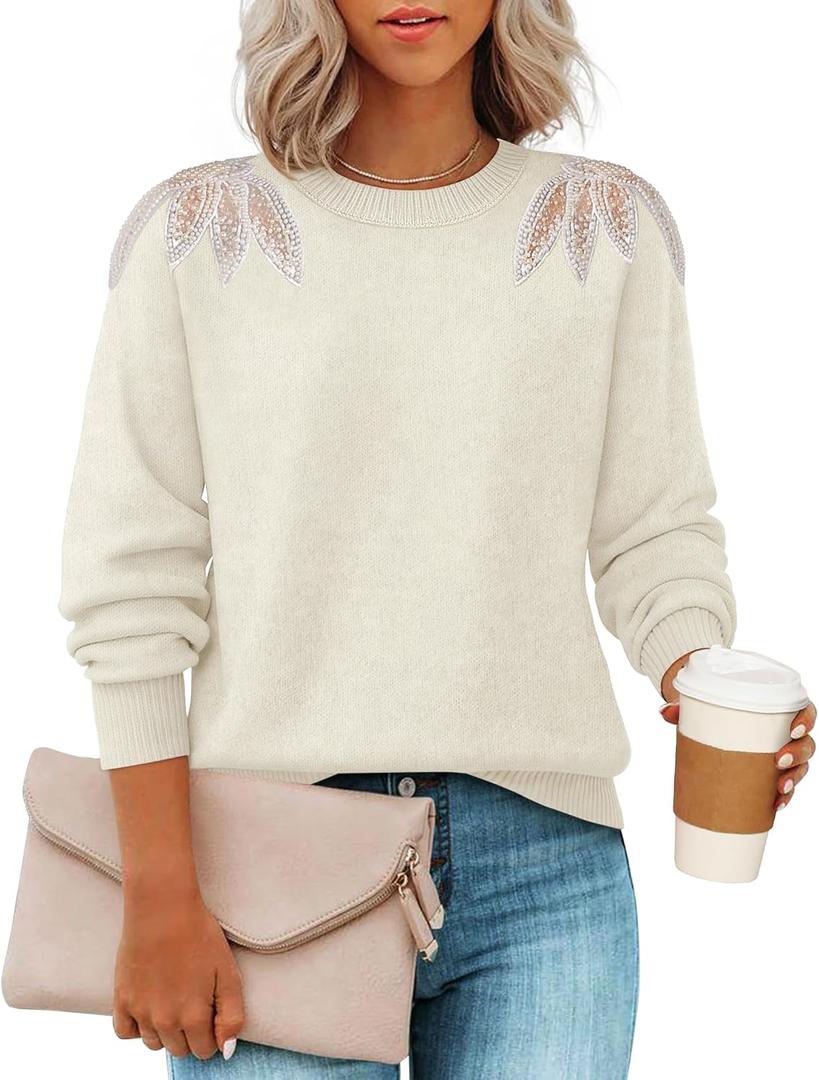 ZESICA Women's Fall Long Sleeve Sweaters 2026 Crew Neck Knit Loose Dressy Pullover Tops Winter Trendy Outfits, Apricot, Small