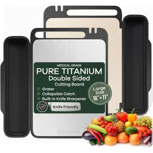 PURE-PREP Titanium Cutting Board - Double-Sided Design with Titanium Cutting Board and Wheat Straw PP for Kitchen Use - Chopping Board with Collapsible Catch, Grater, Knife Sharpener - Large 16x11