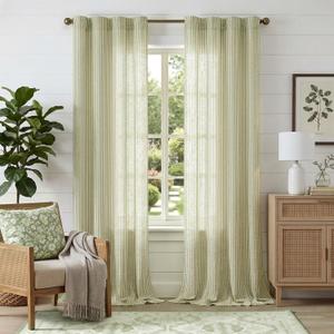 jinchan Linen Curtains for Living Room 96 Inches Long Sage Green Striped Curtains for Bedroom 2 Panels Ticking Stripe Pattern Light Filtering Drapes Farmhouse Rustic Window Treatment Back Tab 38"Wide
