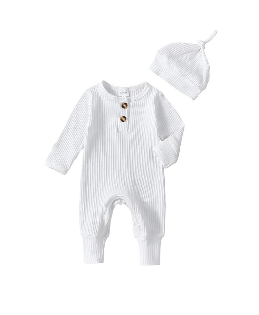 Neutral Baby Clothes Newborn Girl Boy Coming Home From Hospital Outfit Cute Ribbed Knit One-Piece Romper Jumpsuit Hat
