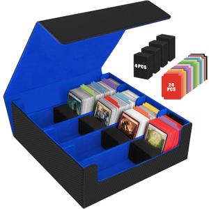 AOBOPLE Trading Card Storage Box,3200+ Card Box Storage with 24 Dividers and 4 Foam Supporters PU Leather Magnetic Cards Deck Case for MTG,TCG, Magic and Sport Cards,Great Gift for Card Collectors (3200+Black Blue)